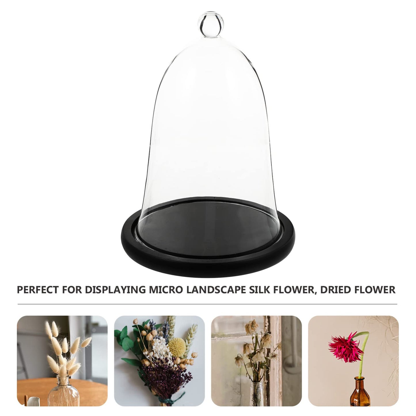 Cupcake Clear Glass Dome Cloche with Rustic Wooden Base Antique Bell Jar Display Dome for Plants Succulents Fairy Lights Photos Medals Decorative Fill and More Black Mini Cake Stand