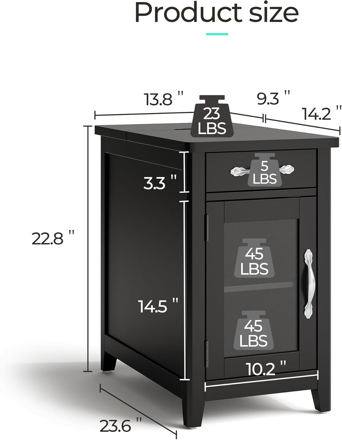 LINSY HOME End Table with Charging Station, Side Table for Bedroom with Drawer and Detachable Holder, Storage Shelf with Glass Door, Extra Storage & Display Space, Small Nightstand for Living Room