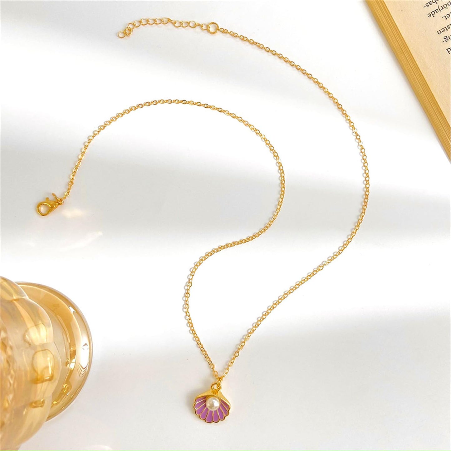 Seashell Pearl Pendant Necklace Gold Plated Boho Enamel Pink Blue Scallop Sea Shell Starfish Ocean Animal Chain Necklace for Women Hawaiian Summer Beach Holiday Fashion Jewelry Gifts (Purple jewelry set)