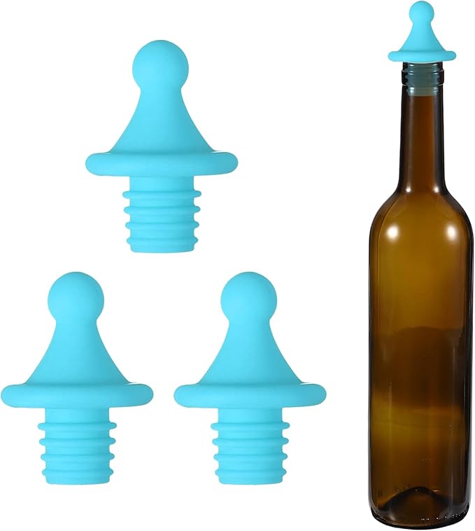 uxcell 3 Pcs Silicone Roof Shape Wine Stopper, Reusable Wine Stoppers Airtight Leak-proof Bottle Plug Liquor Saver with Beer Beverage Bottle Stopper for Bar Holiday Party, Sky Blue