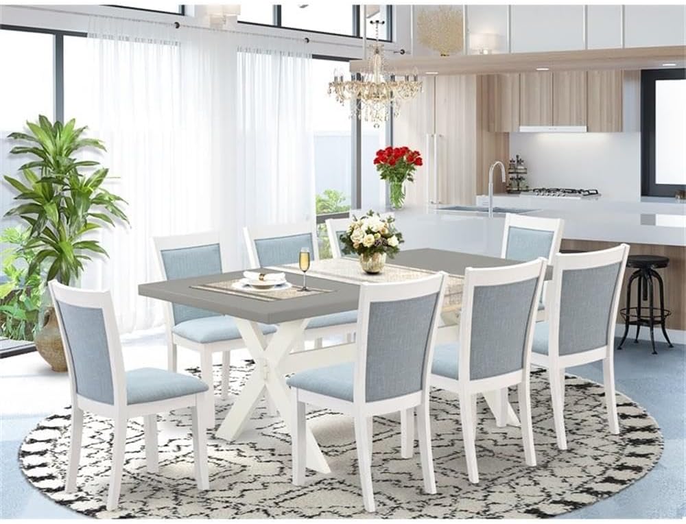 East West Furniture X097MZ015-9 9 Piece Dining Room Furniture Set Includes a Rectangle Dining Table with X-Legs and 8 Baby Blue Linen Fabric Parsons Chairs, 40x72 Inch, Multi-Color