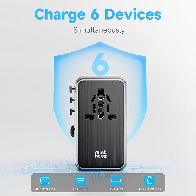 Minthouz Universal Travel Adapter, International 70W Power Adapter GaN Fast Charger with 3 USB-C PD, 1 USB-C Cable & A Ports, All-in-One Portable AC Power Plug Adapter for USA EU UK AUS