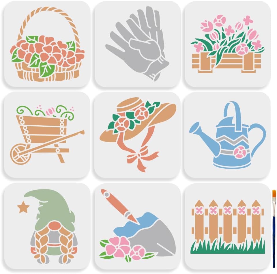 MAYJOYDIY 9pcs Garden Stencils for Painting 6×6inch Wildflower Gnome Stencil with Paint Brush Flower Basket Plant Hat Watering Pot Shovel Template for Crafts Wood Wall Fabric Paper Wall Furniture