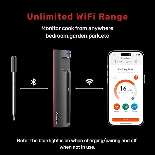 Pro WiFi Wireless Meat Thermometer, Smart App Monitoring, Meat Probe Thermometer, IP67 Waterproof, Digital Wireless Meat Thermometer for BBQ, Oven, Grill, Smoker
