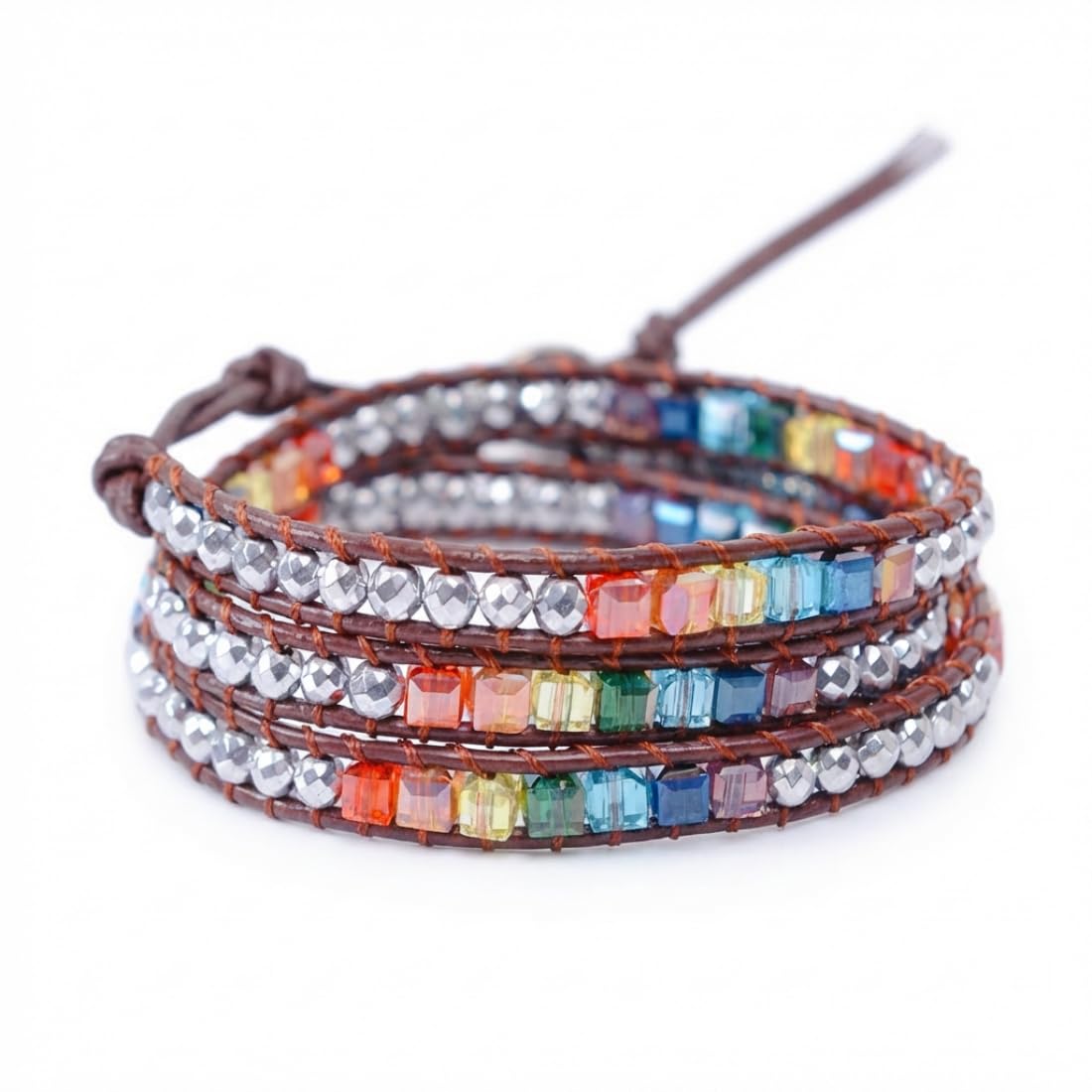 YGLINE Bohemian Style Multilayer Leather Wrap Bracelet Handmade Crystal Chakra Glass Beaded Stone Bracelet for Women