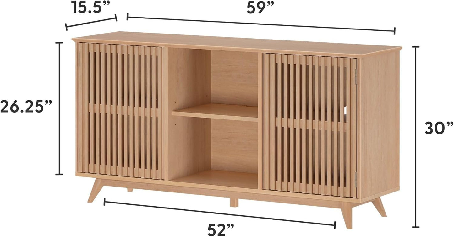 Plank+Beam Mid-Century Modern Wood TV Stand, Solid Wood Entertainment Console with Storage, 59" L x 16" W x 30" H, Blonde