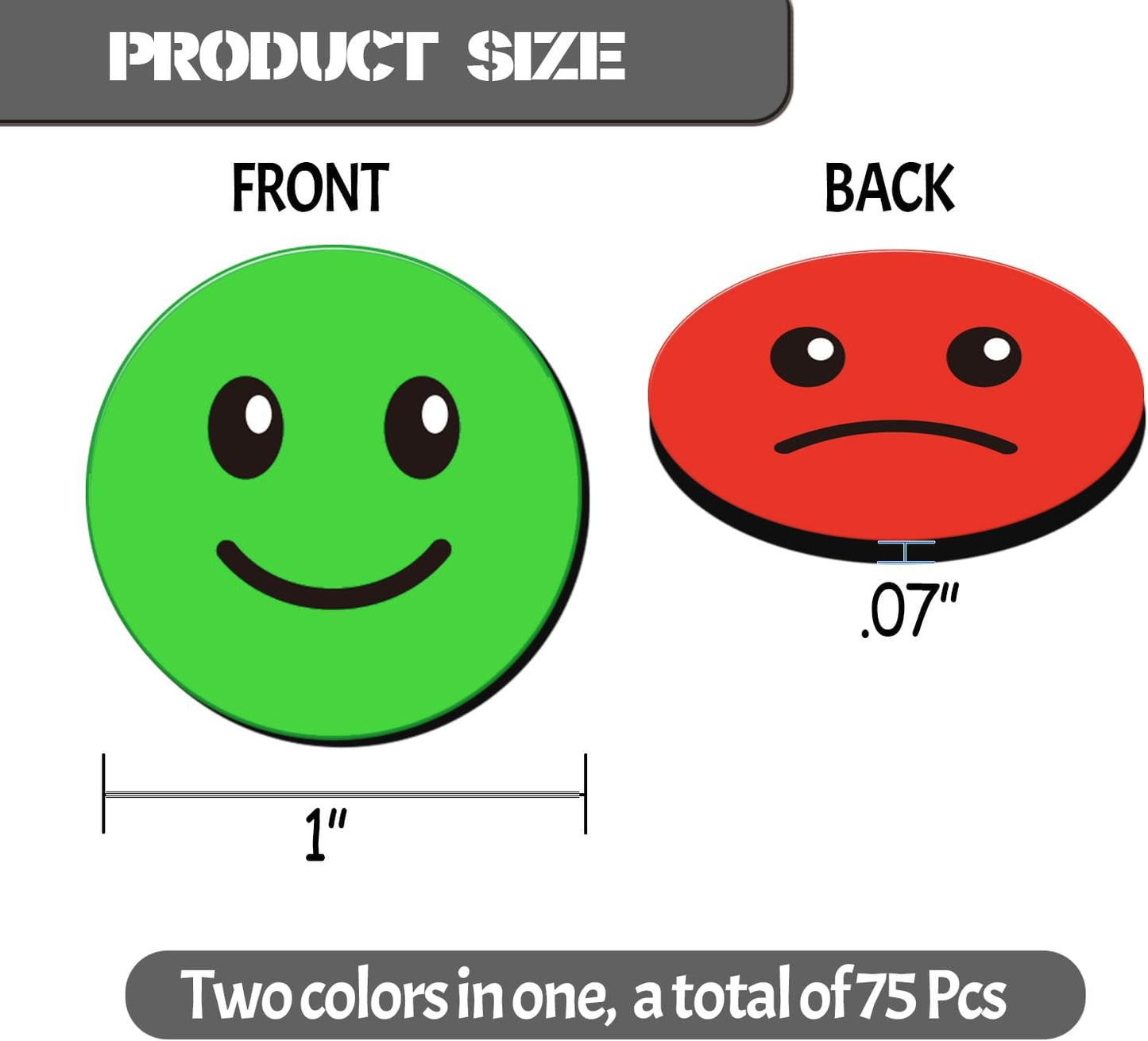 75 Pcs 1” Double-Sided Red Green Smiley Face Magnets, Flip Over Colored Magnetic Dots for Whiteboard, Refrigerator, Office (75, Happy/Sad-Colors)