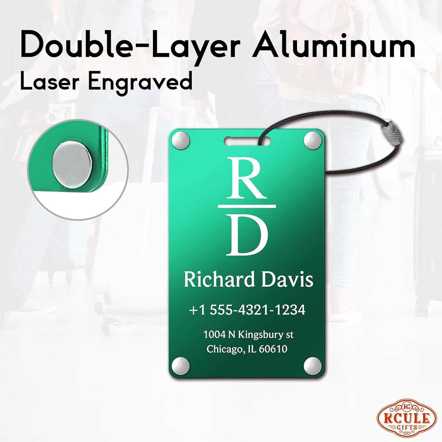 Personalized Luggage Tags for Suitcases - Monogram Style Aluminum Custom Luggage Tags for Backpacks & Bags, Sturdy, Waterproof & Heavy Duty (Green/Card-Sized)
