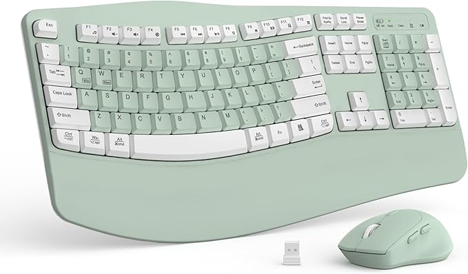 Wireless Keyboard and Mouse Combo,2.4G Full Size Wave Keys Ergonomic Keyboard with Wrist Rest for Natural Typing, 3 DPI Adjustable Ergonomic Mouse for Computer/Laptop/Windows/Mac (Avocado Green-A)