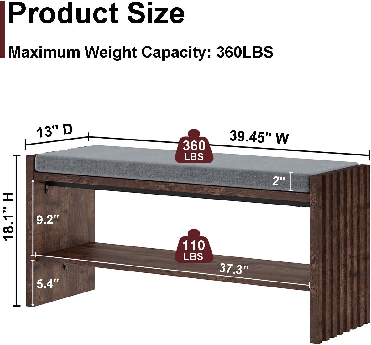 BON AUGURE Entryway Bench with Shoe Storage, 2-Tier Shoe Rack Bench with Cushion, Wood Benches for Bedroom, Living Room, Mudroom, Hall (Rustic Oak, 40 in Wide)