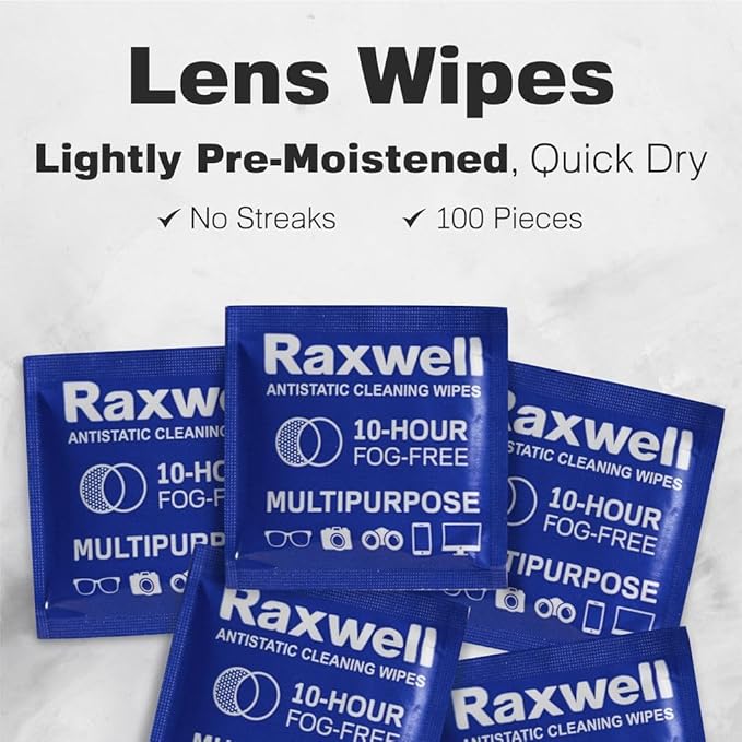 Raxwell Glasses Cleaner Wipes - 200 Count, White, Unscented - Streak-Free Anti-Fog Lens Cleaner & Screen Wipes for All Eyewear & Devices - Portable Individually Wrapped Sachets
