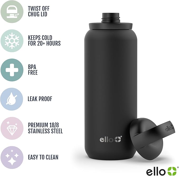 Ello Cooper Twist 32oz Stainless Steel Water Bottle with Chug Lid | Leak Proof | Double Walled and Vacuum Insulated | Built in Carry Loop | Dishwasher Safe | Antigua