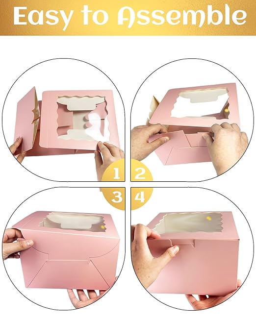 qiqee 8x8x5 Cake Box, 18 Sets Pink Cake Box with Window ＆ 18 Sets 8" Pink Cake Round Boards, 8inch Cake Containers