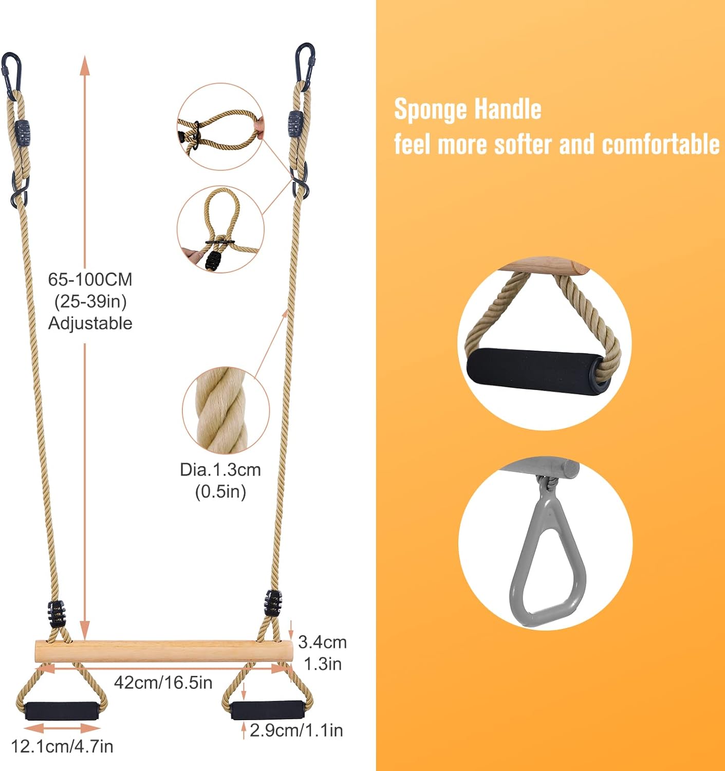 Wooden Trapeze Swing Bar with Gym Rings for Children's Swing Set Indoor Outdoor Garden,Yard,Playground