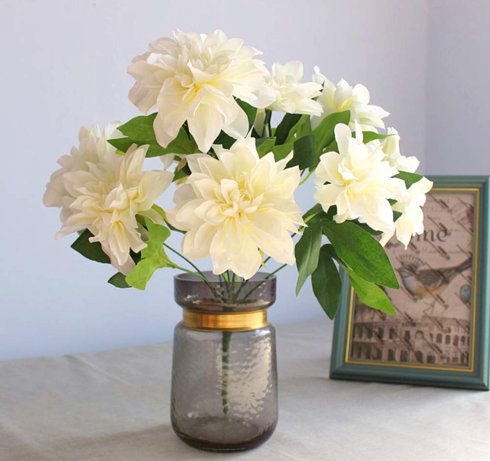 HoYuanFlo 10 Heads Dahlia Fake Flowers Artificial Dahlia Flowers Faux Flowers for Home Wedding Party Office Supplies (White)