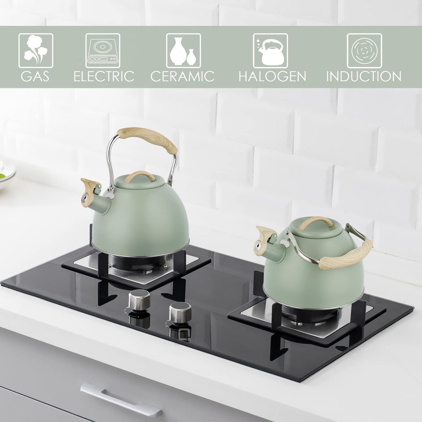 Tea Kettle -3.0 Quart Whistling Tea Kettle for Stove Top Stainless Steel Tea Pot Stovetop Food Grade Water Kettle with Wood Pattern Handle for Coffee/Tea/Milk Kettle Pot-Green