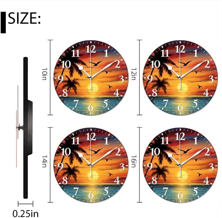 Sunset Wall Clock Non-Ticking Silent Clocks Battery Operated Analog Decor Clock for Home-Beautiful Sunset Over The Ocean with Palm Trees and Birds Flying in The Sky(14inch)