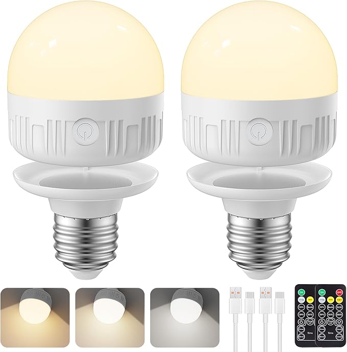 SCOPOW 2Packs E26 Rechargeable Light Bulbs with Remote Control, 5W 350lm Magnetically Battery Operated Light Bulbs 2000mAh, 3 Color Temperature, Timer, Dimmer for Non-Hardwired Lamp