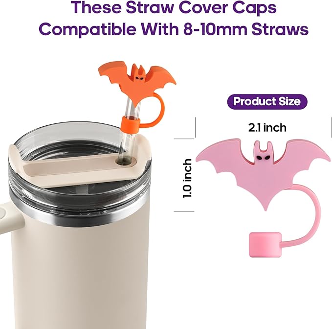 Halloween Silicone Straw Covers Cap for Stanley Cup, Cute Straw Topper for Stanley 30&40 Oz Tumbler, Reusable Dust-Proof Drinking Straw Cover, Set of 4 (Halloween Bat)