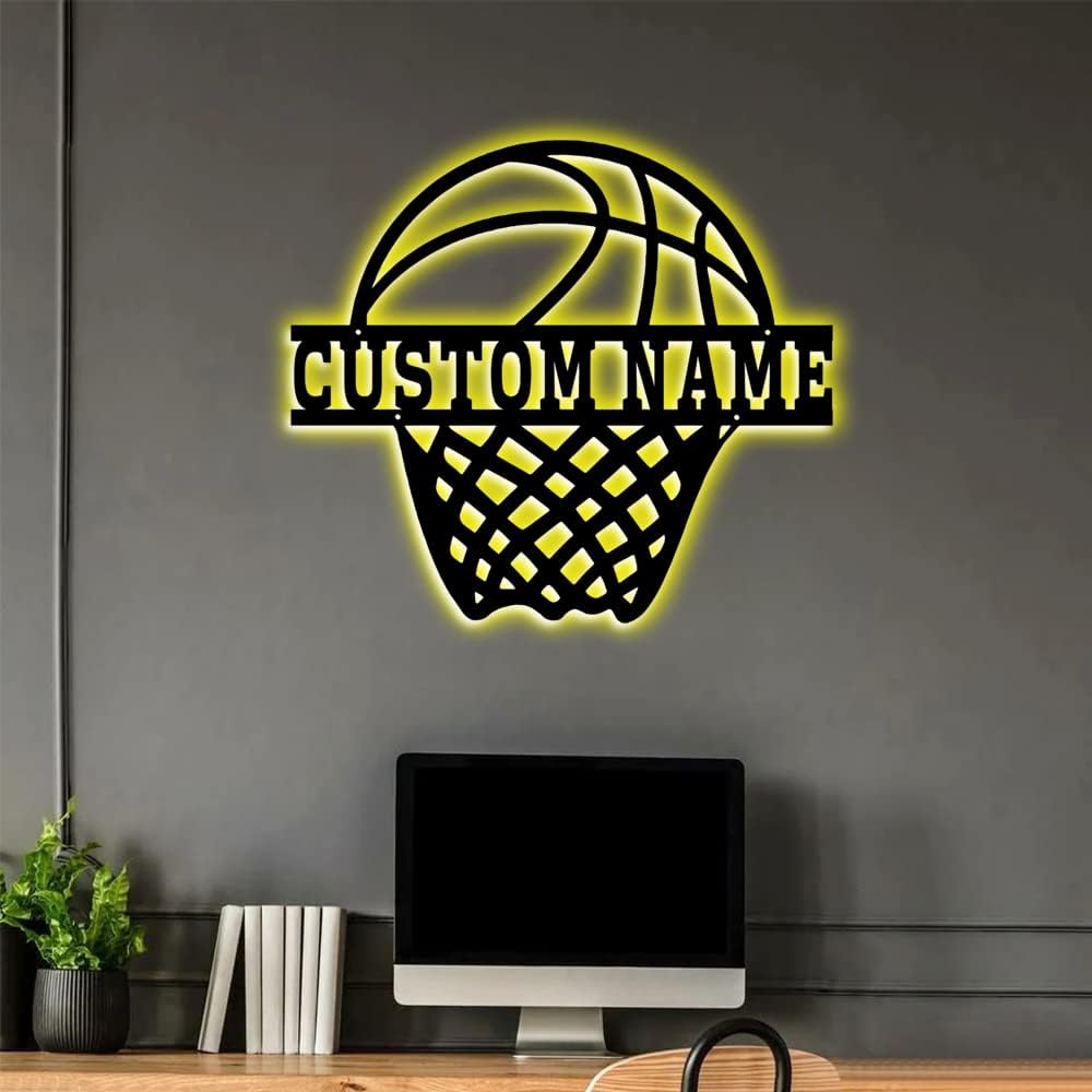 Personalized Name 7 Colors Football lamp Custom Wall Art Night Light LED Name Sign Gift for Boys Men Girls (B-Basketball)