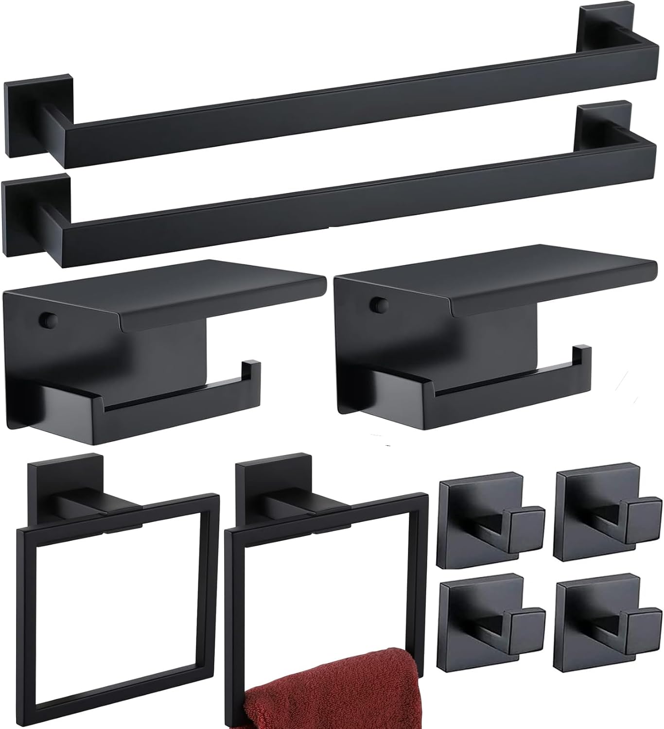 TAUN Bathroom Towel Bar Set 10 Pieces Matte Black Square Modern Bathroom Hardware Set SUS304 Bathroom Accessories Set Towel Rack Set for Bathroom Wall Mounted (Matte Black, 24 Inch), 10P-PHVC
