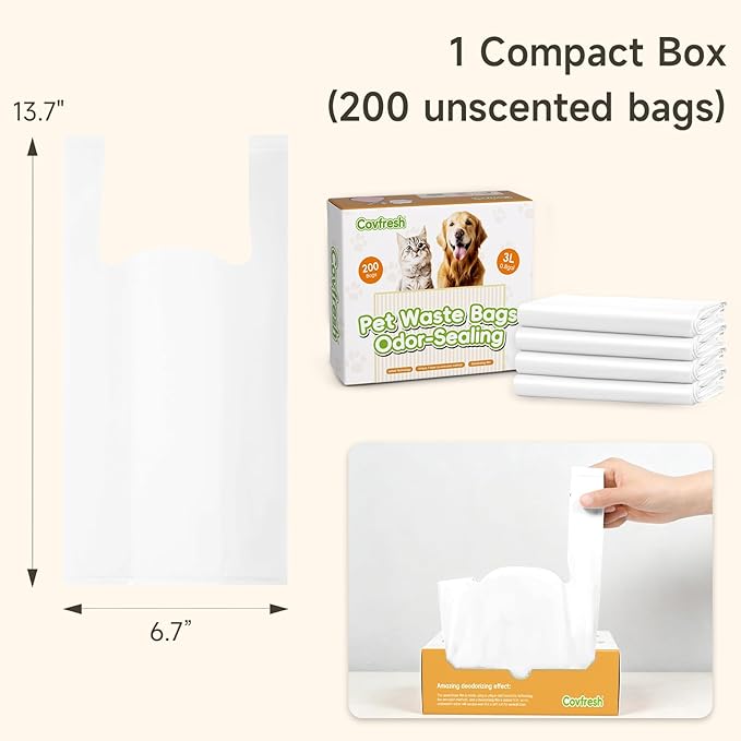 Odor-Sealing Dog Poop Bags with Handles 200 Count Pet Waste Bags, Large Capacity & Unscented Poop Bags for Dogs or Cat Litter, Conceals Smell & Mess (White)