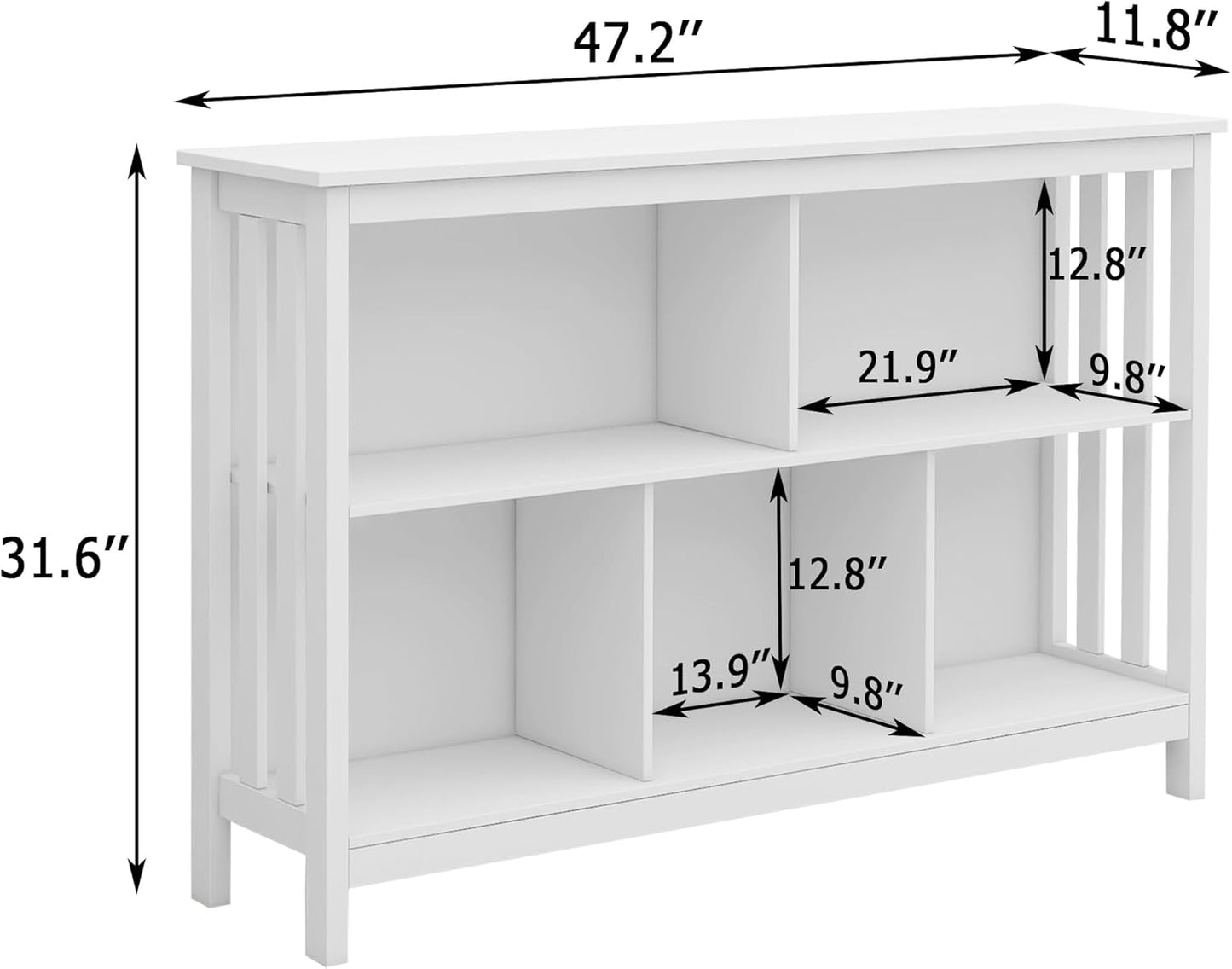 TaoHFE Horizontal Bookshelf - Modern Minimalist 2-Tier Book Shelf with Storage, Short Wide Wood Bookshelf for Classroom, Office, Living Room or Study, White