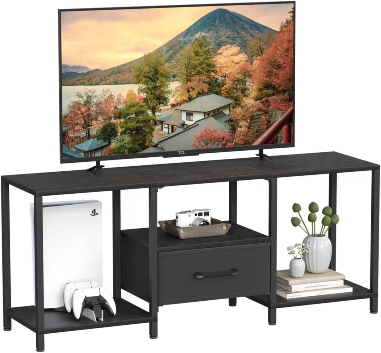 TV Stand with Fabric Drawer for 55 Inch TV, Entertainment Center with Open Shelves, Media TV Console Table for Living Room, Bedroom, Black