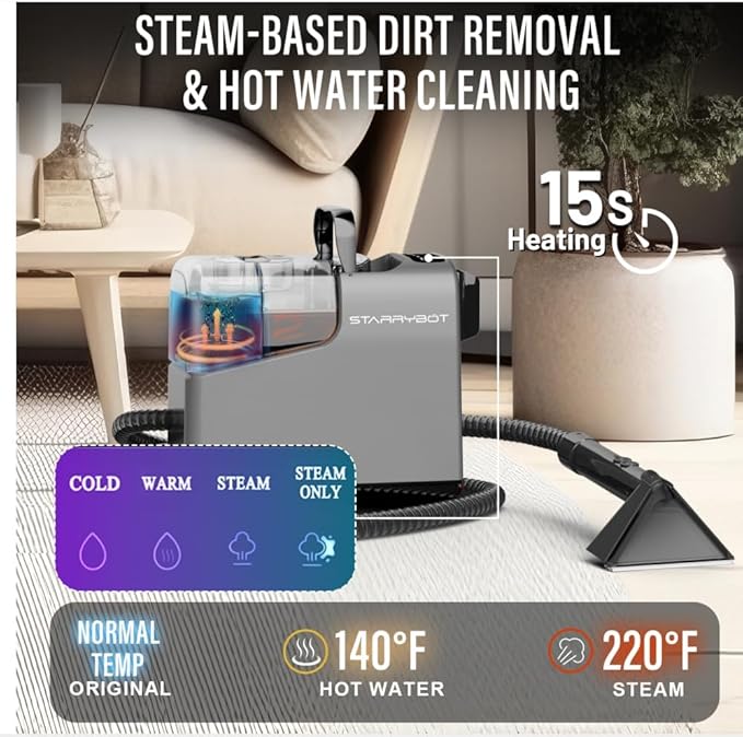 Portable Carpet Cleaner Machine with Steam and Heating Techology,18Kpa Powerful Suction with Versatile Tools for Pets, Couch,Spot Cleaner for Stairs/Furniture/Rug(Gray,3"&5"Hand Tool)