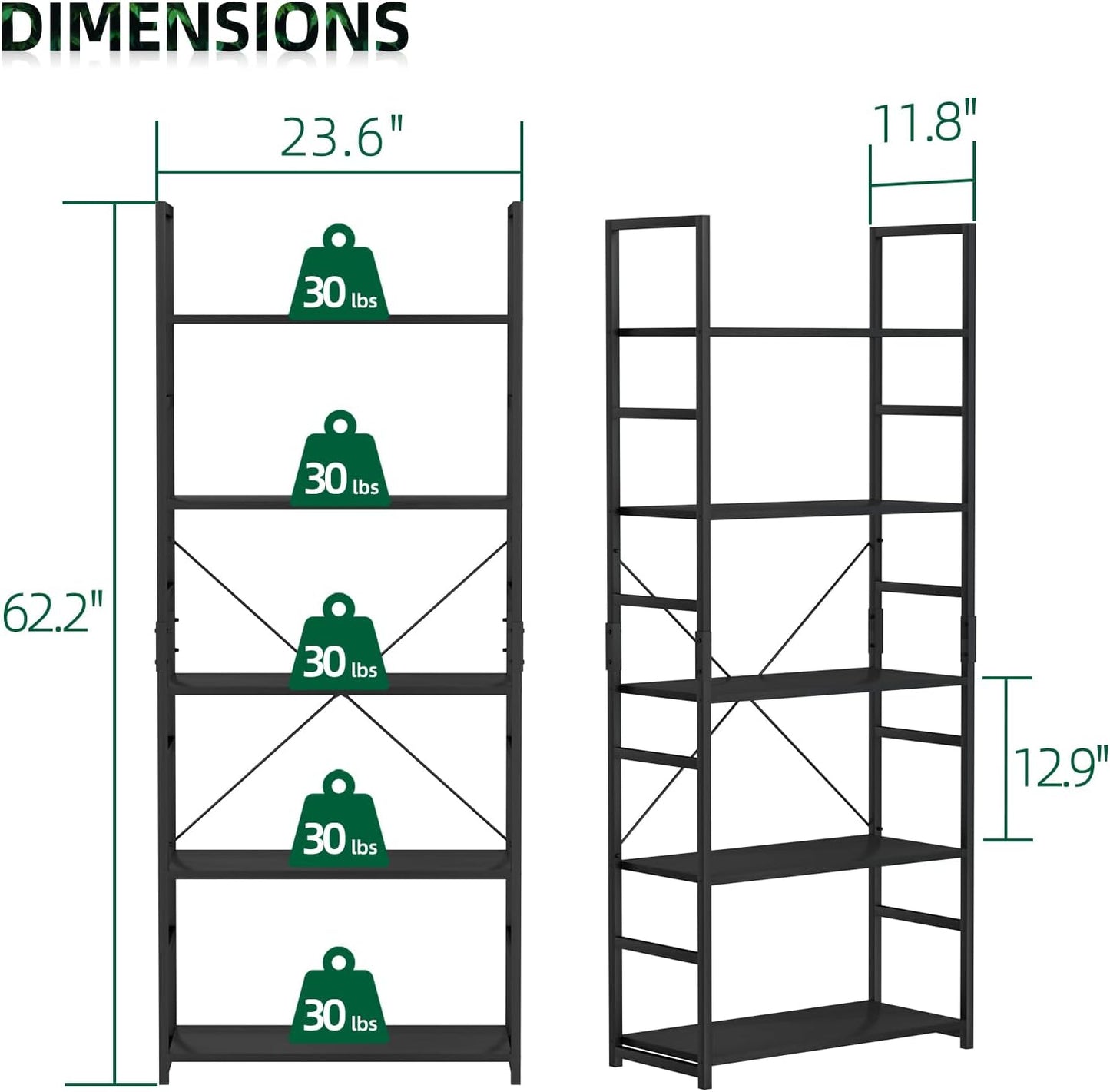 OTK 5 Tier Bookshelf, Tall Bookcase, Office Shelf Storage Organizer, Modern Book Shelf for Living Room, Bedroom, and Home Office, Black