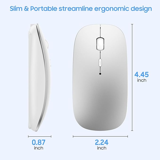 SUNGI Bluetooth Mouse for Laptop/MacBook/iPad/Android PC,Rechargable Quiet Slim Wireless Mice for Chromebook Notebook Windows/Linux/Tablet,Black,Silver