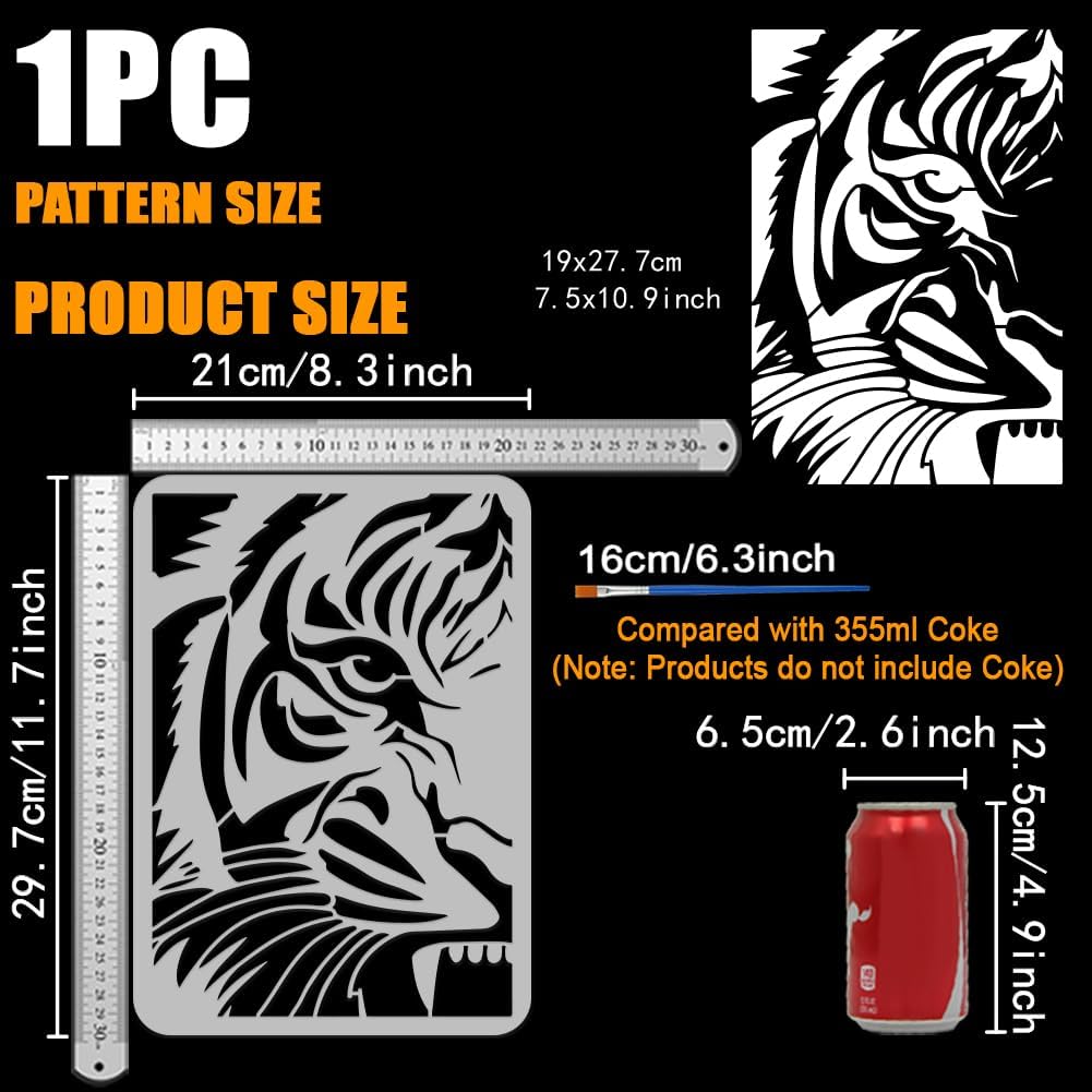 FINGERINSPIRE Peek at Tiger Stencil with a Paint Brush 11.7x8.3Inch Abstract Tiger Face Painting Stencil Reusable PET Animal Themes Decoration Template for Painting on Wood Wall Floor Furniture