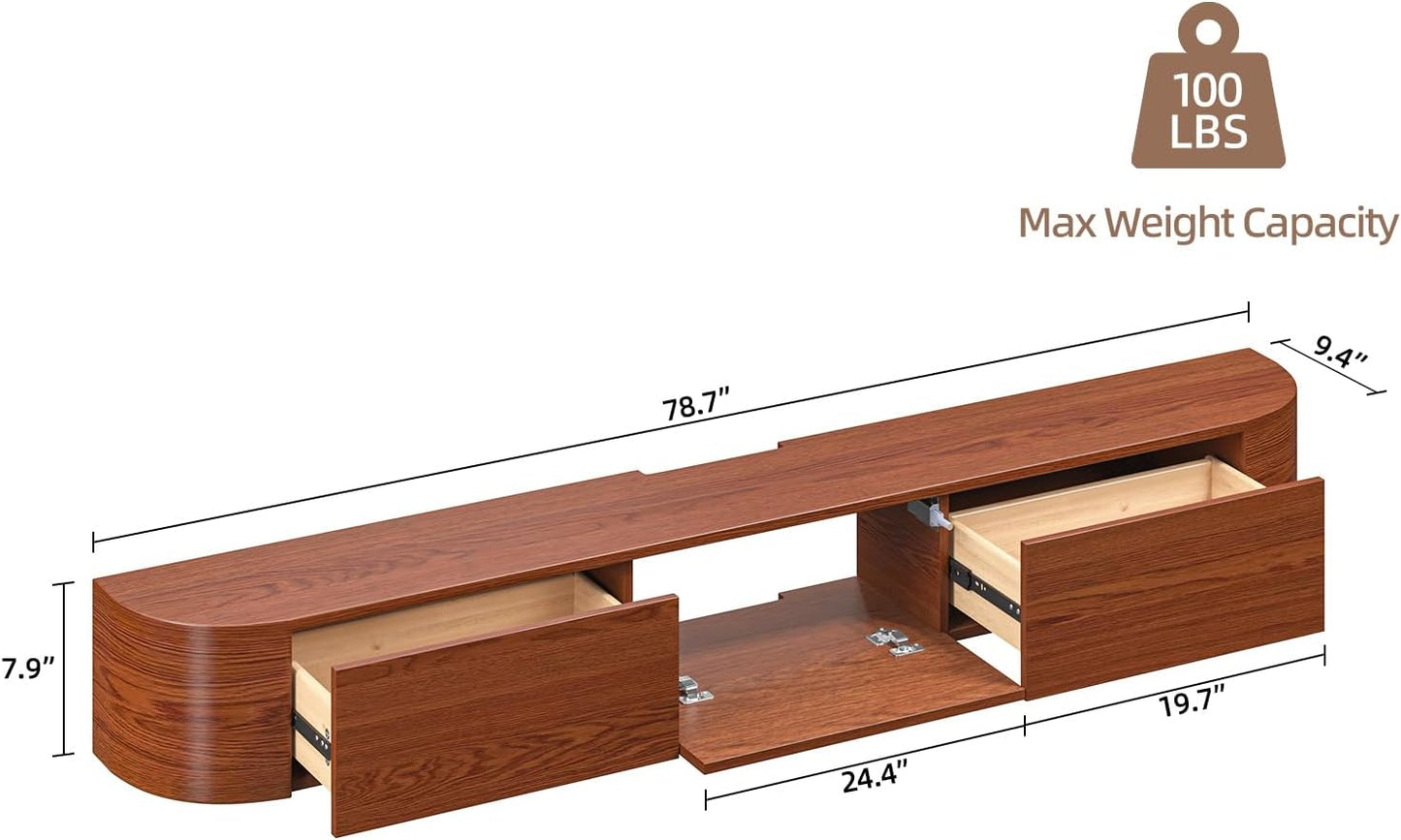 Fully Assembled Floating TV Stand with Drawers, 78IN Vintage Wall Mounted Entertainment Center, Minimalist Large Storage Console Under TV, Solid Wood Media Shelf for Living Room, Bedroom