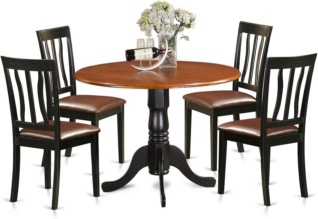 East West Furniture DLAN5-BCH-LC 5 Piece Dining Room Furniture Set Includes a Round Kitchen Table with Dropleaf and 4 Faux Leather Upholstered Dining Chairs, 42x42 Inch, Black & Cherry