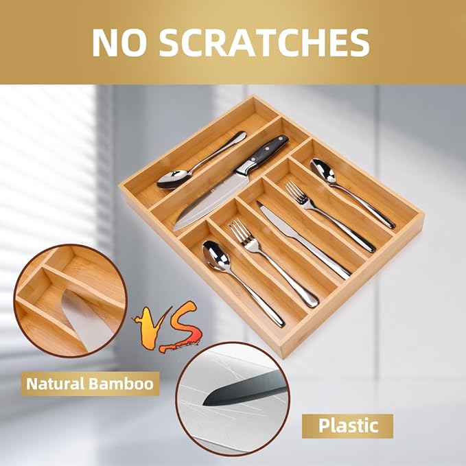 Bamboo Kitchen DrawerOrganizer, 13 Inch Silverware Organizer with Extra-deep Grooved Divider, 7 Slots Pure Bamboo Wood Caddy for Flatware Cutlery Knives, Forks, Spoons