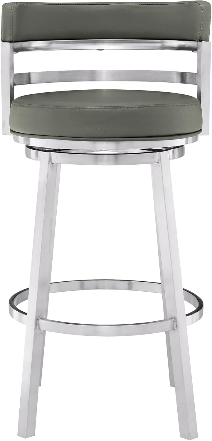 Armen Living Titana 30" Bar Height Swivel Grey Faux Leather and Brushed Stainless Steel Bar Stool
