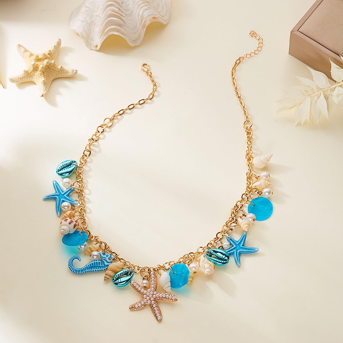 MIFYNN Starfish Shell Pendant Necklace for Women Conch Seahorse Charm Necklace Boho Beach Accessories Summer Tropical Ocean Jewelr Dainty Coastal Jewelry for Women Summer Birthday Gift (Blue)