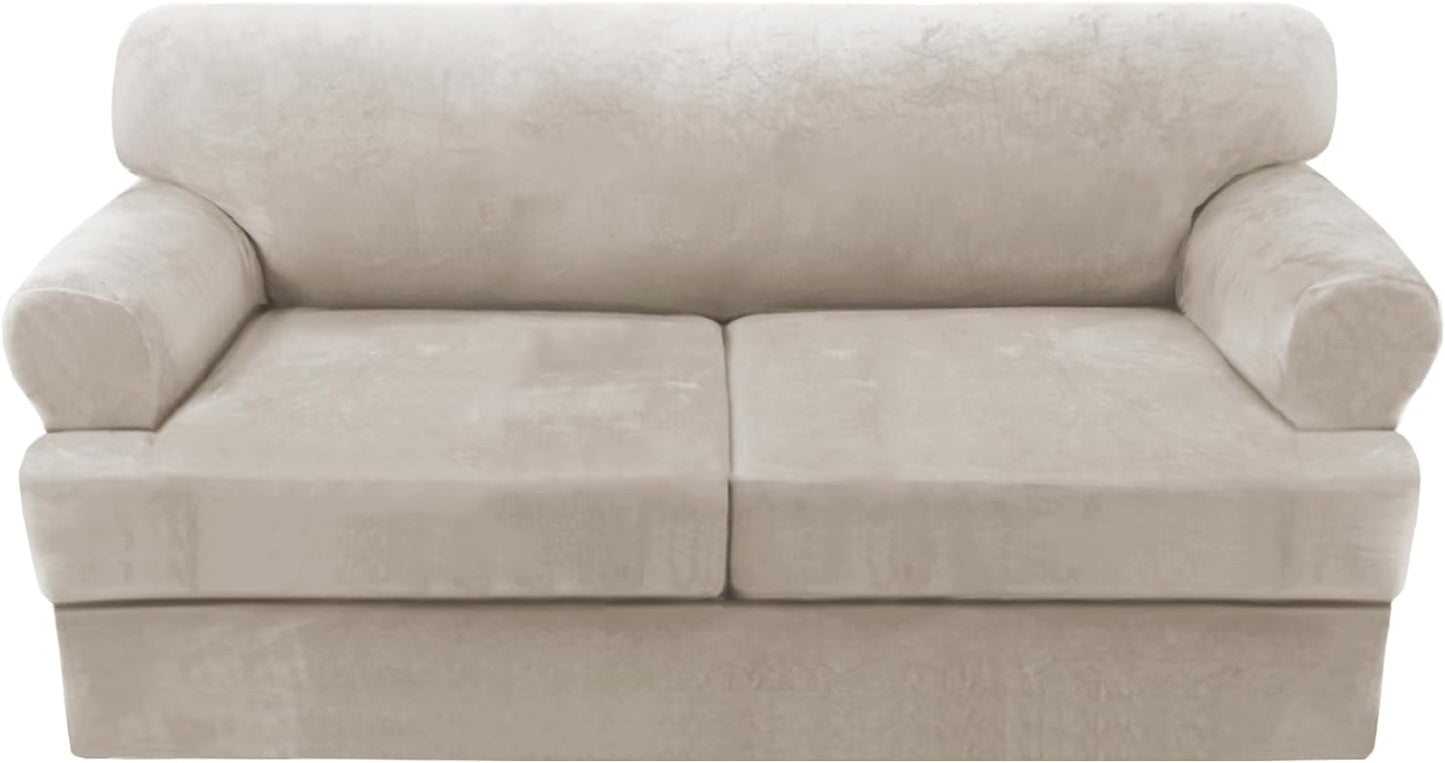 H.VERSAILTEX Sofa Cover 3 Piece T Cushion Loveseat Slipcovers Thick Velvet Couch Cover Stretch T Cushion Sofa Covers for 2 Cushion Couch with 2 Individual T Cushion Covers Washable, Oatmeal