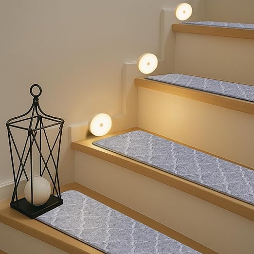 Stair Treads for Wooden Steps Indoor, Includes 15 Non-Slip Carpet Mat 8x30in with 5 Motion Sensor Lamps, Peel & Stick Carpet Stair Treads,Safety Stair Rugs for Kids, Elderly and Pets (Smoke Gray)