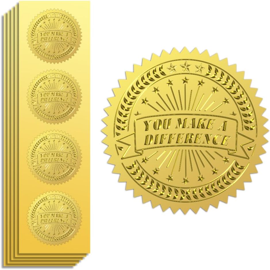 Peacoblue Gold Foil Stickers Seals Official Embossed 2 Inch 100Pcs You Make a Difference, Self Adhesive Gold Around Embossing Medal Sticker for Certificate Paper, Student Reward, Award, Envelope Seal