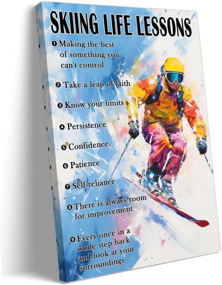 Strofupp Skiing Wall Art Inspirational Sport Quotes Poster Framed Life Lessons Pictures Wall Art Painting Vintage Skiing Poster Artwork 12x18 inches