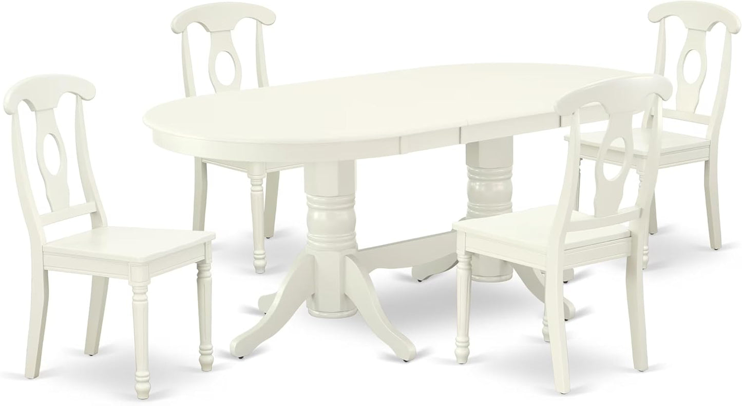 East West Furniture VAKE5-LWH-W 5 Piece Kitchen Table Set for 4 Includes an Oval Dining Room Table with Butterfly Leaf and 4 Solid Wood Seat Chairs, 40x76 Inch, Linen White