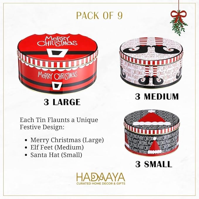 Pack of 9 Round Christmas Cookie Tins With Lids for Gift Giving - Metal Holiday Storage Container, Merry Christmas HAT ELF Design, Perfect for Gifting
