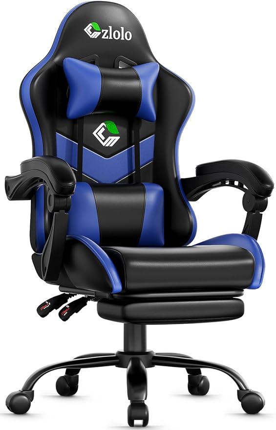 Gaming Chair with Footrest Racing Style Lumbar Support Massager Video Game Chair with Metal Legs, High Back Gamer Chair with Headrest, 360° Swivel Office Computer Desk Chair, Bright Blue