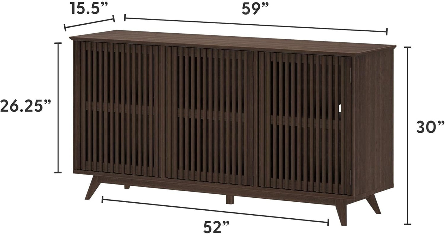 Plank+Beam Mid-Century Modern Wood TV Stand, Three Door Solid Wood Entertainment Console with Storage, 59" L x 16" W x 30" H, Walnut