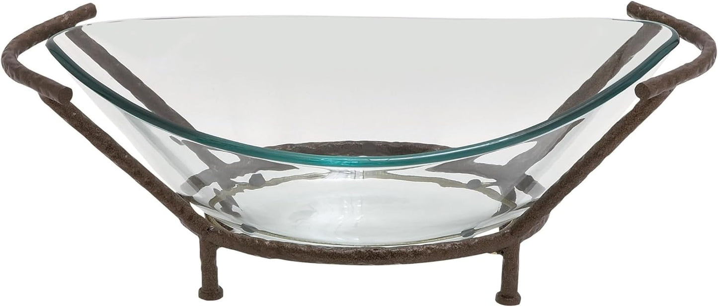 Deco 79 Tempered Glass Kitchen Serving Bowl with Brown Metal Base, 26" x 10" x 9", Clear