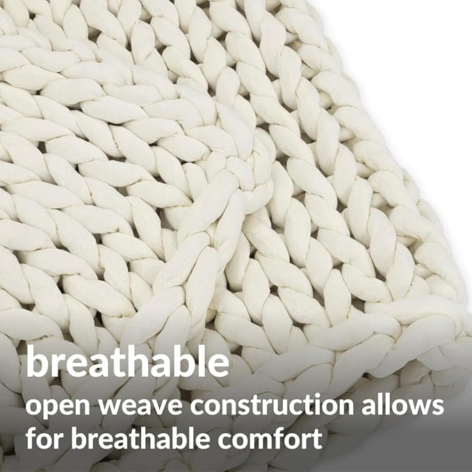 Nuzzie Chunky Knit Weighted Blanket - Breathable, Cooling, Hand Made Knit Throw Blanket for Sleep - Machine Washable, Stylish Design (Cream, Queen | 28lbs | 80"x80")