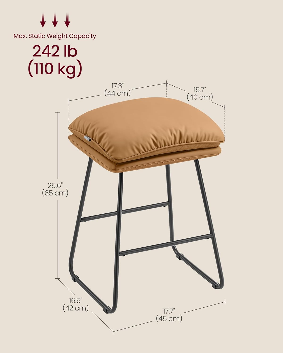 VASAGLE Bar Stools Set of 2, Counter Height Bar Stools, Leather Counter Stools Barstools with Soft Cushion and Metal Sled Legs, 25.6 Inches Bar Height Bar Chairs for Kitchen Island, Caramel Brown