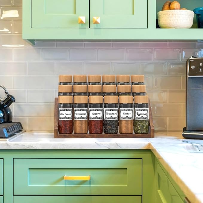 3 Tier Wood Spice Rack Organizer for Cabinet, Super Sturdy Display Riser Shelf Seasoning Organizer for Countertop Pantry Cupboard, Retro Storage Holder for Kitchen Condiment Jar Spice Container