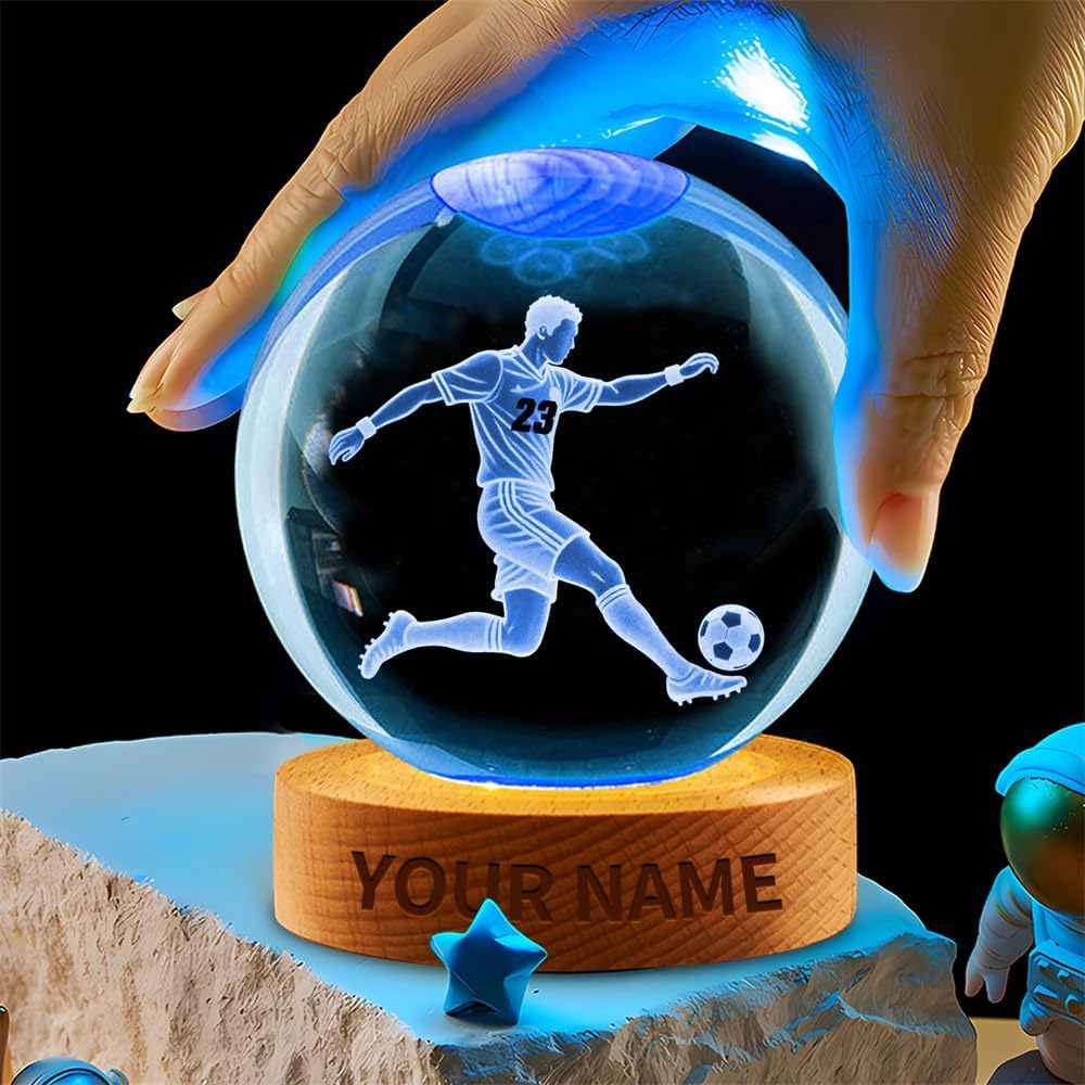 Personalized Ice Hockey Crystal Night Light Gift for Men Women, Custom Name/Number Hockey Player 3D Crystal Ball Night Light Lamp for Bedroom Room Sports Decor Party Bar Christmas Birthday Gift